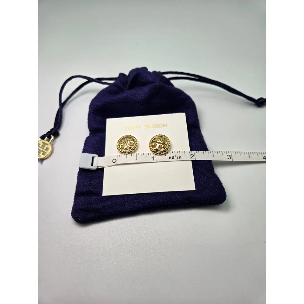 Tory Burch Gold Tone Logo Stud Earrings Pierced Designer Jewelry‎